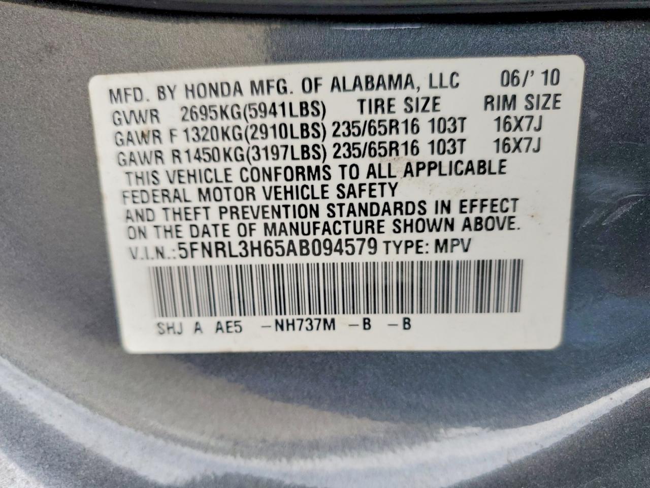 2010 HONDA ODYSSEY EXL photo 13