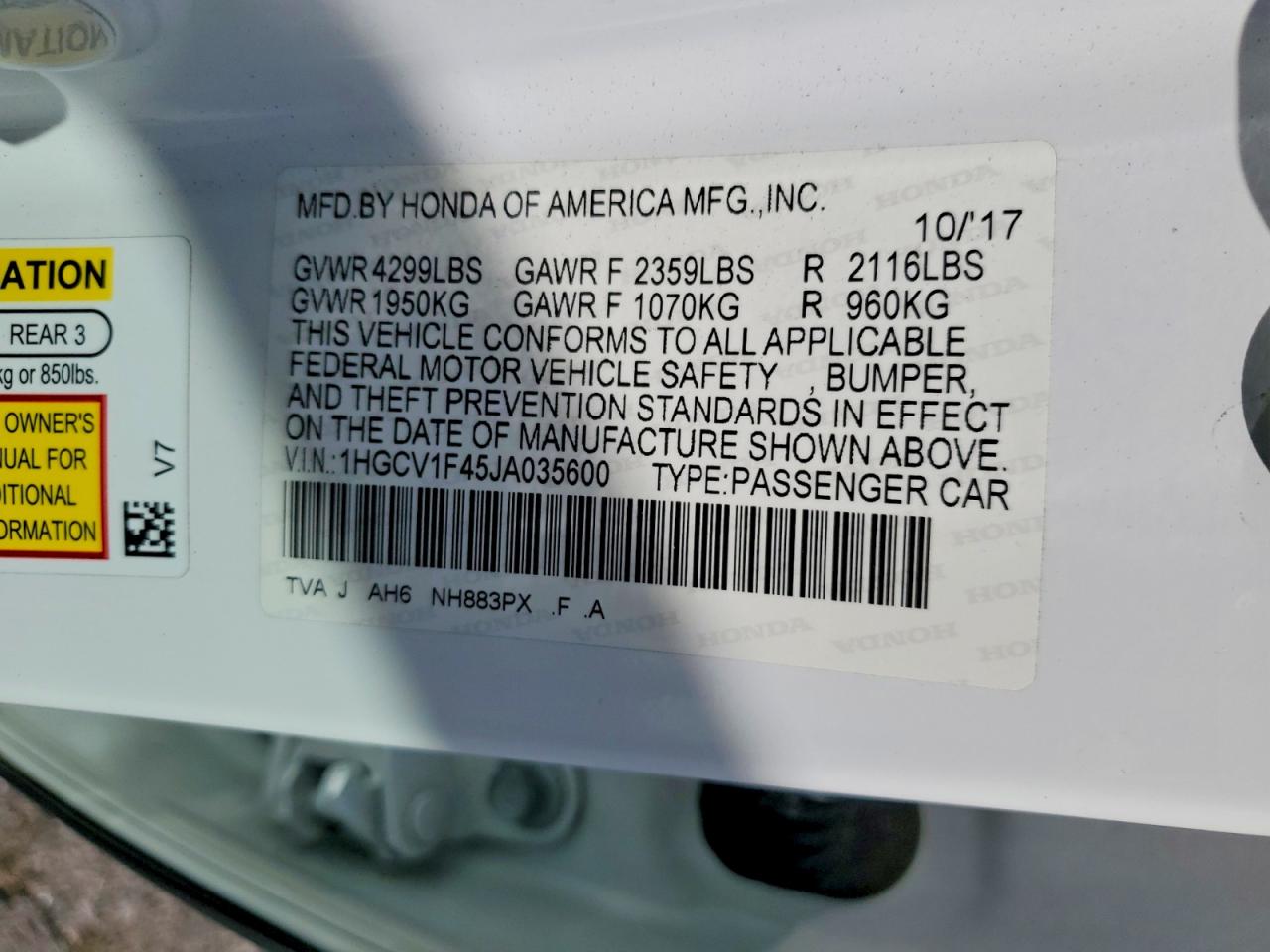 2018 HONDA ACCORD EX photo 12
