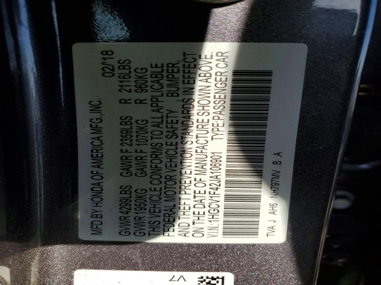 2018 HONDA ACCORD EX photo 13