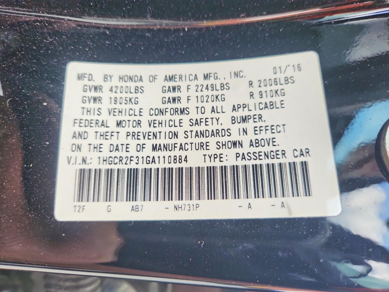 2016 HONDA ACCORD LX photo 12