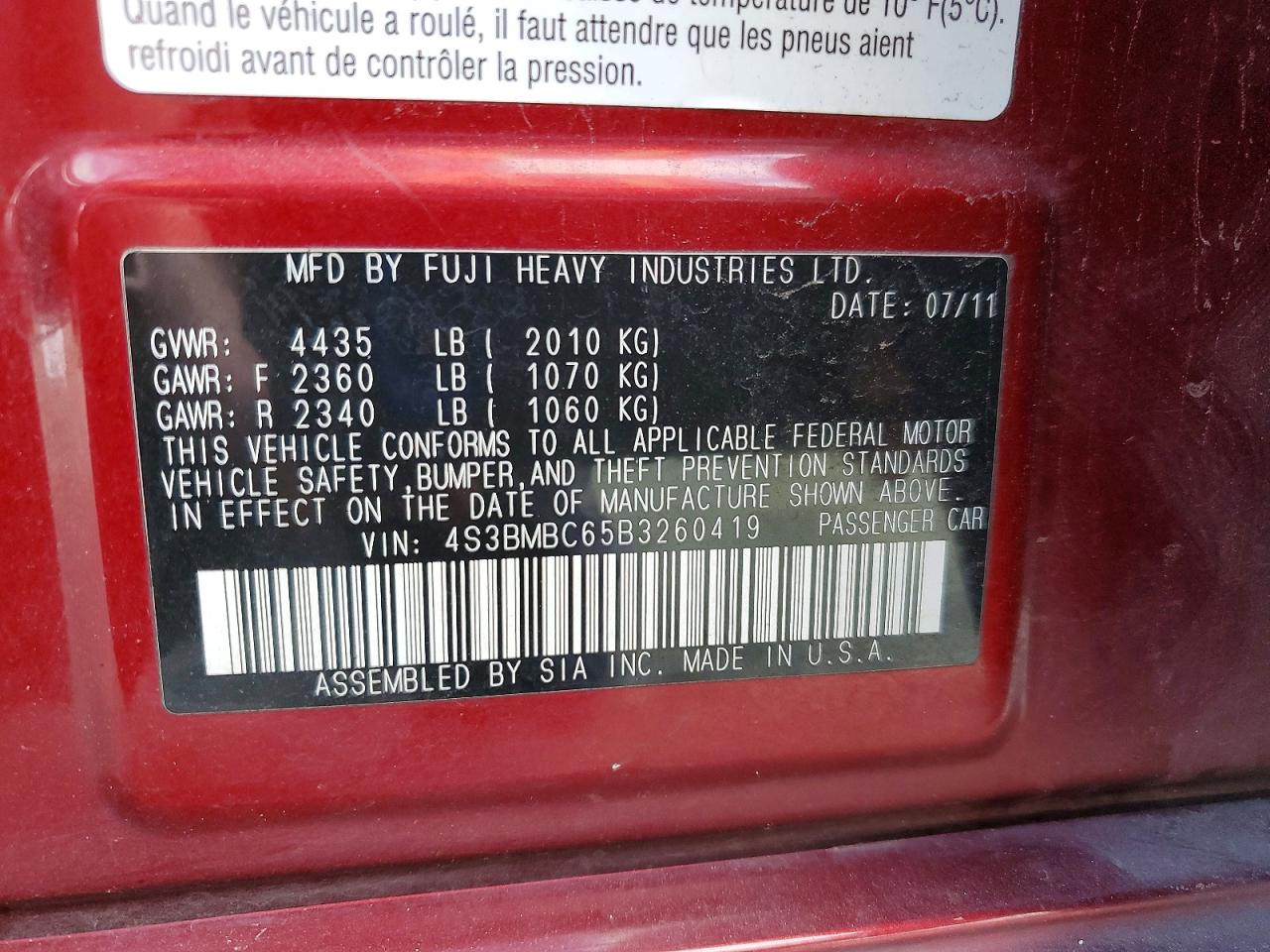 2011 SUBARU LEGACY 2.5I PREMIUM photo 23
