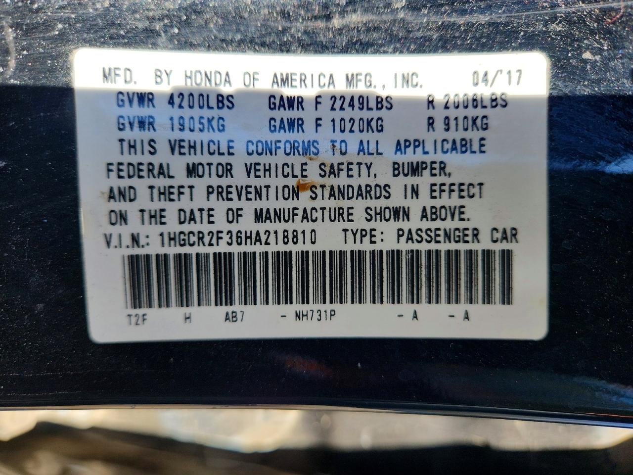 2017 HONDA ACCORD LX photo 12