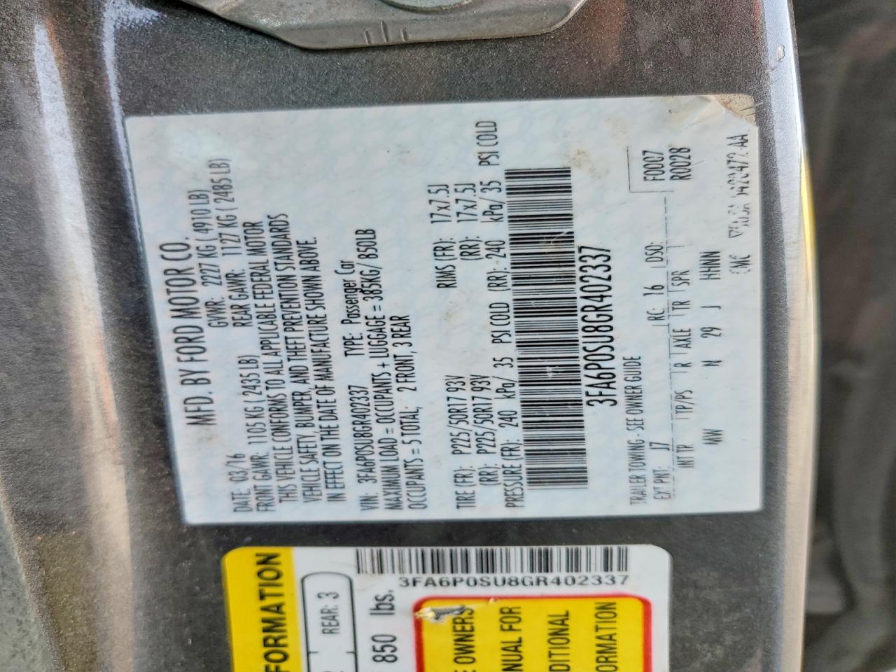 2016 FORD FUSION TITANIUM PHEV photo 12