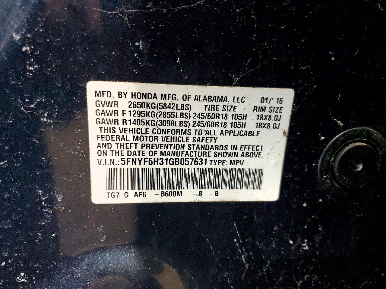2016 HONDA PILOT EX photo 25