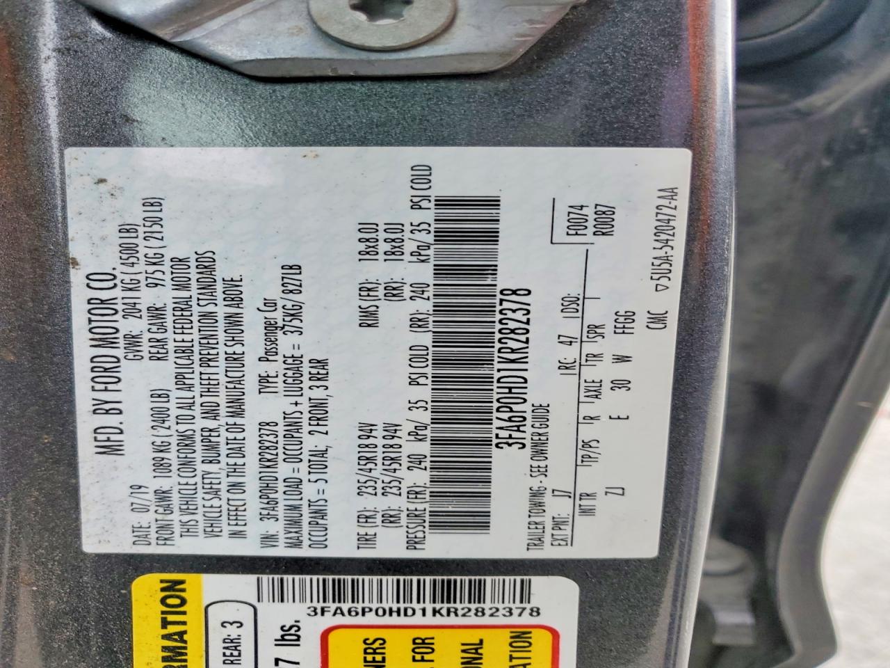 2019 FORD FUSION SE photo 12