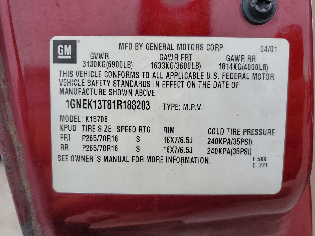 2001 CHEVROLET TAHOE K1500 photo 25