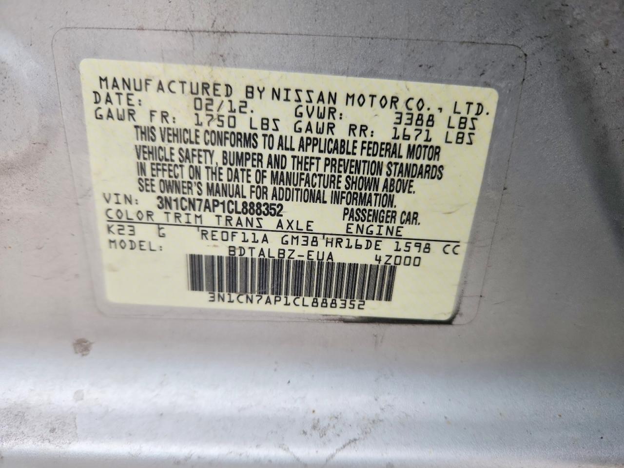 2012 NISSAN VERSA 1.6 S photo 12