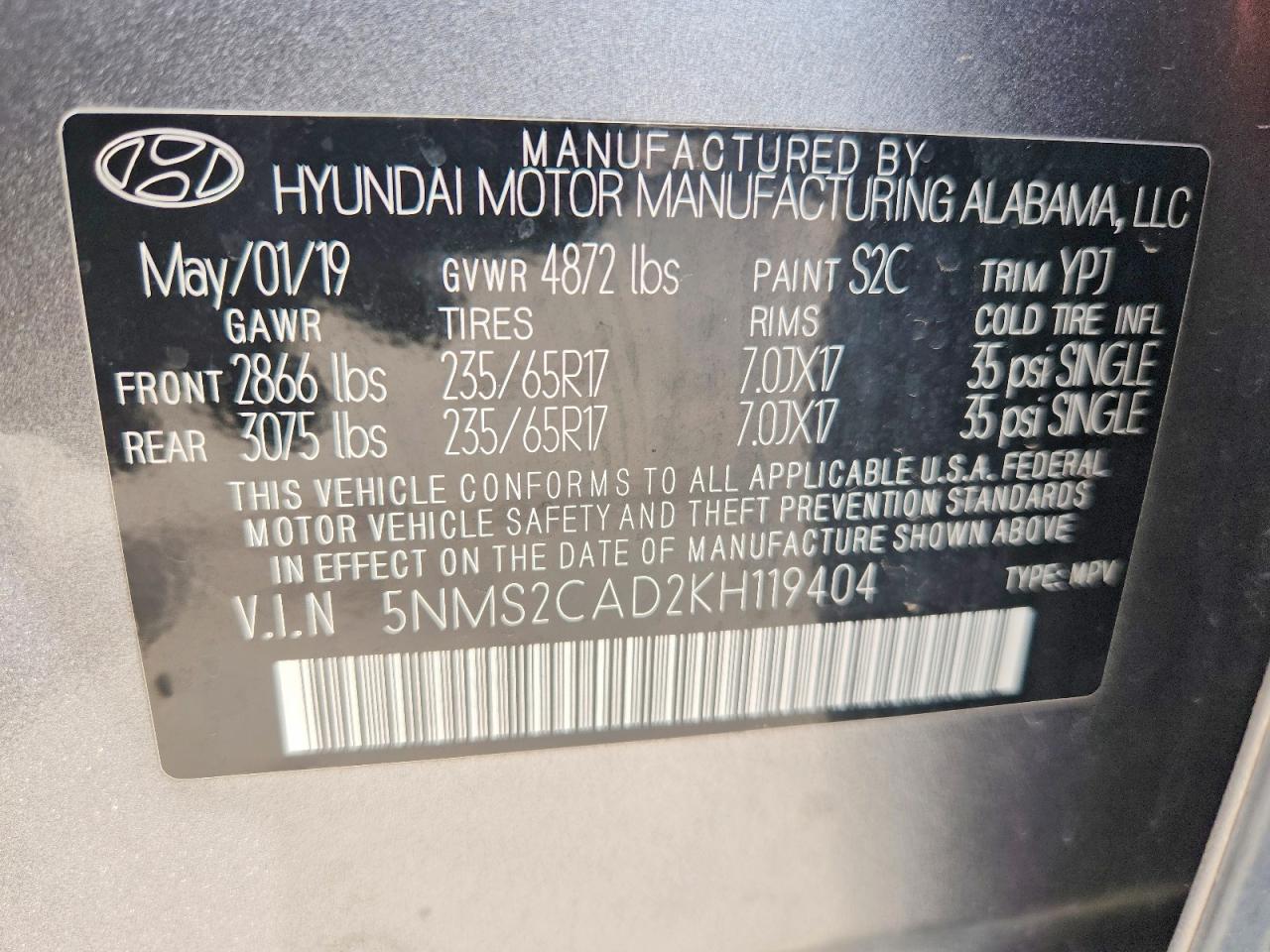 2019 HYUNDAI SANTA FE SE 2.4L photo 37