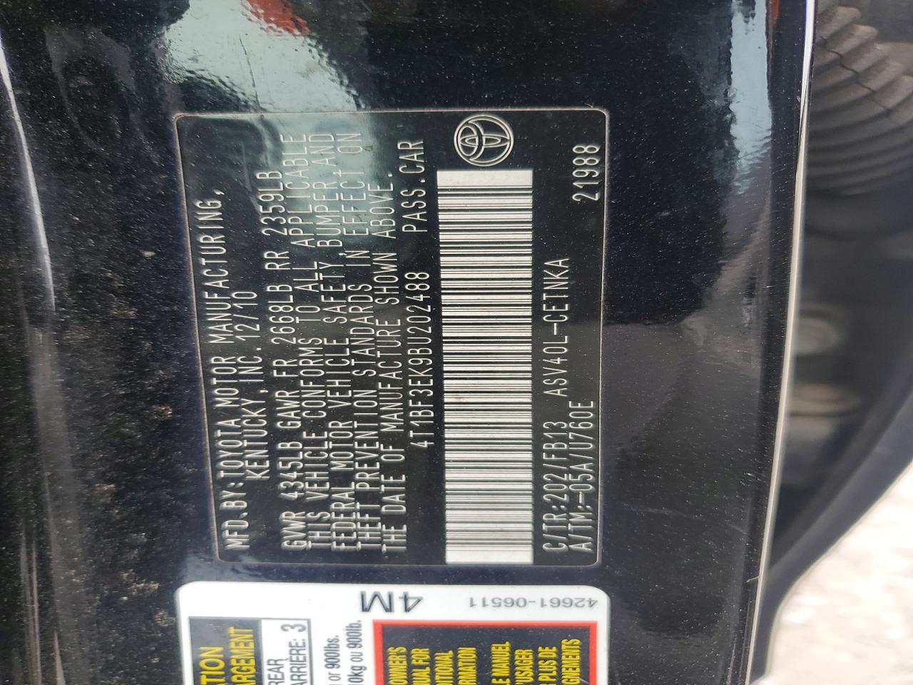 2011 TOYOTA CAMRY BASE photo 12