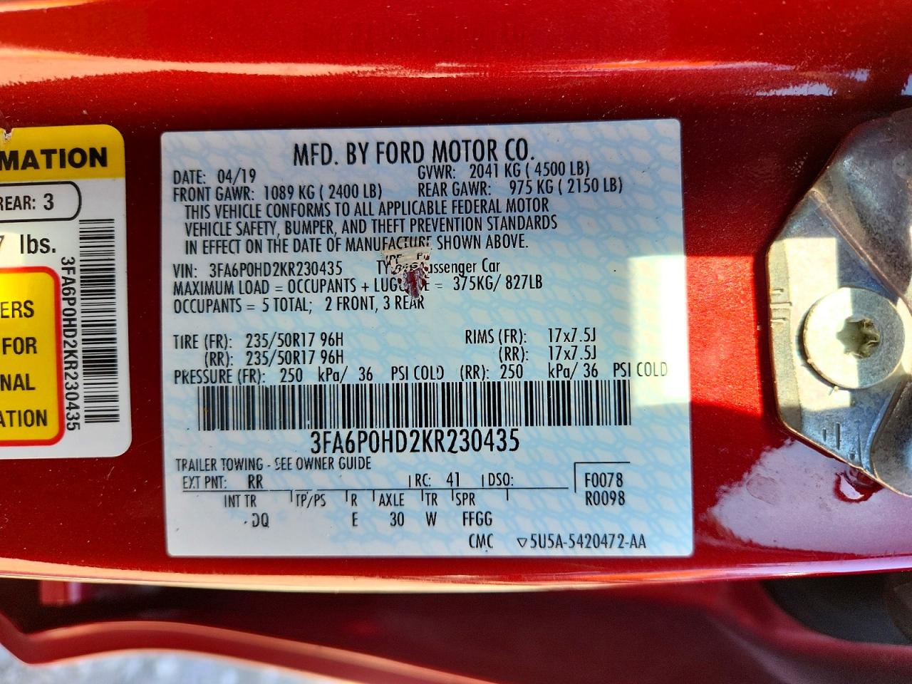 2019 FORD FUSION SE photo 12