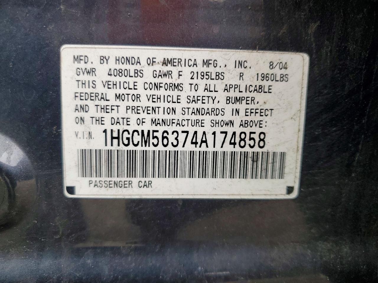 2004 HONDA ACCORD LX photo 23