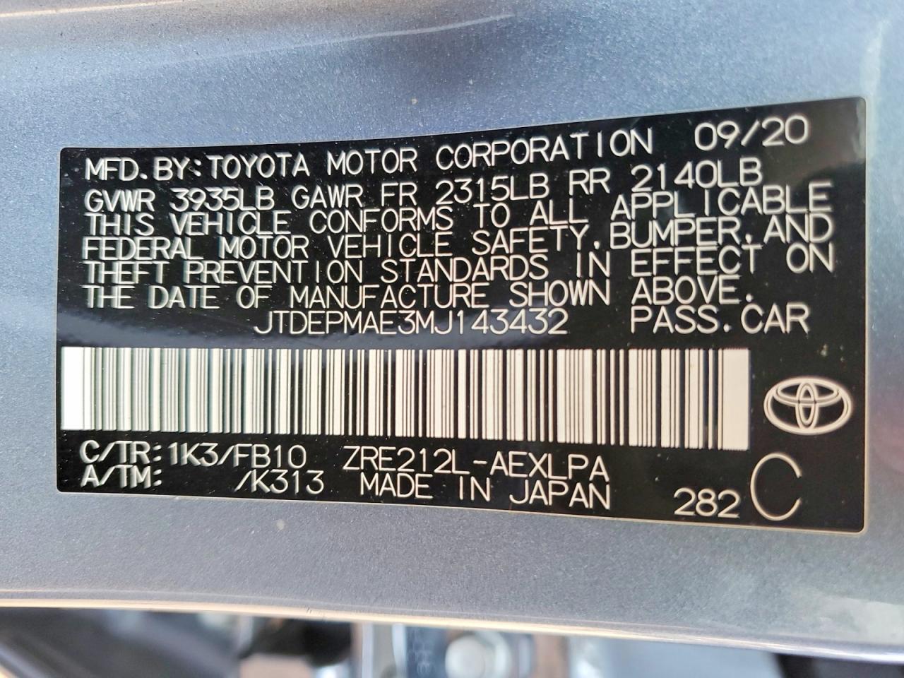 2021 TOYOTA COROLLA LE photo 12