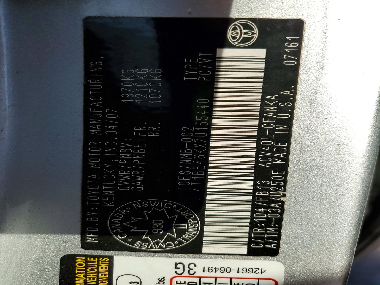 2007 TOYOTA CAMRY CE photo 12