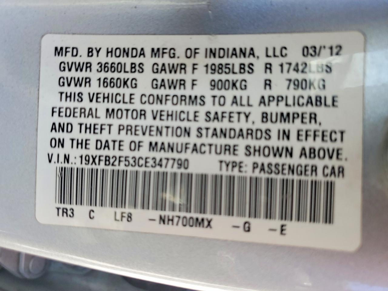 2012 HONDA CIVIC LX photo 12