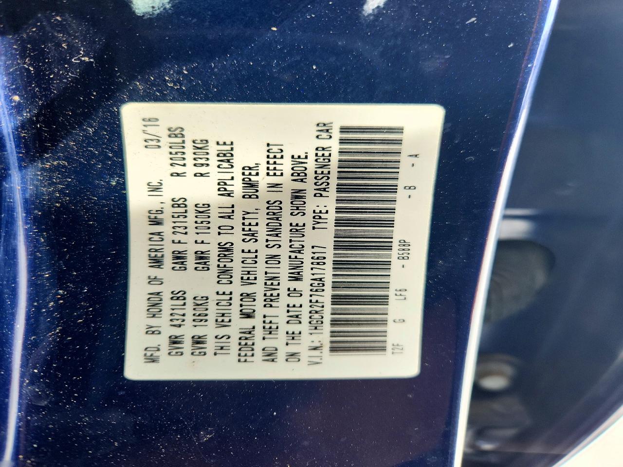2016 HONDA ACCORD EX photo 12