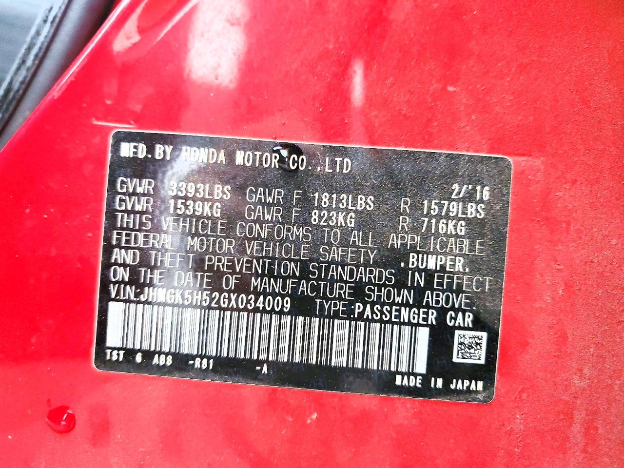 2016 HONDA FIT LX photo 12