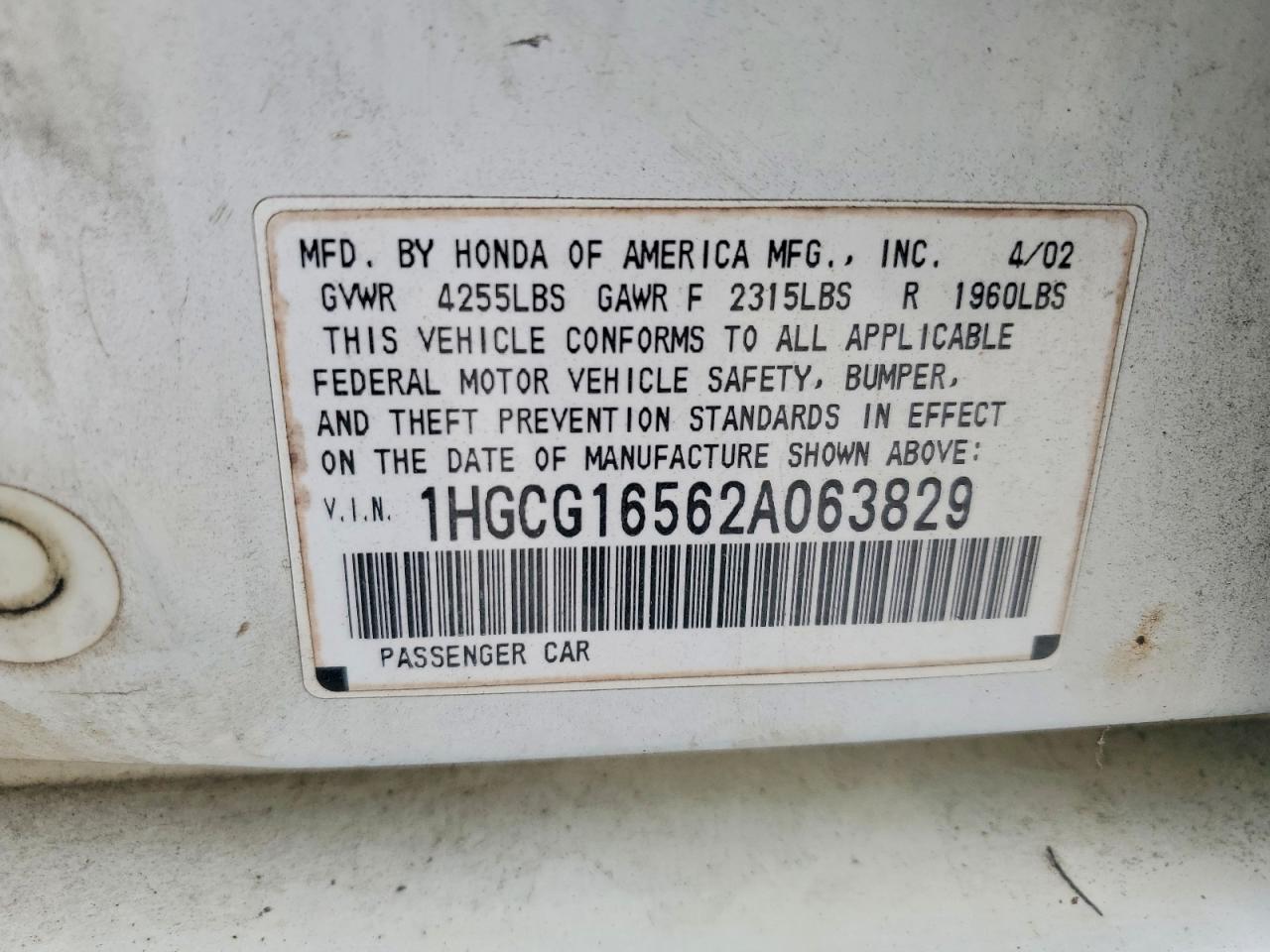 2002 HONDA ACCORD photo 12