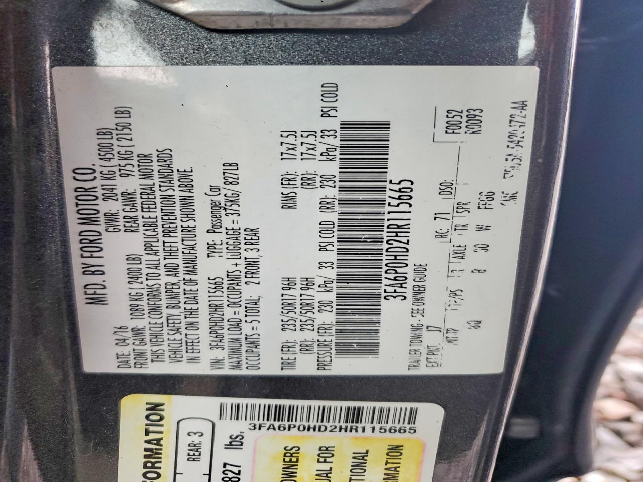 2017 FORD FUSION SE photo 34