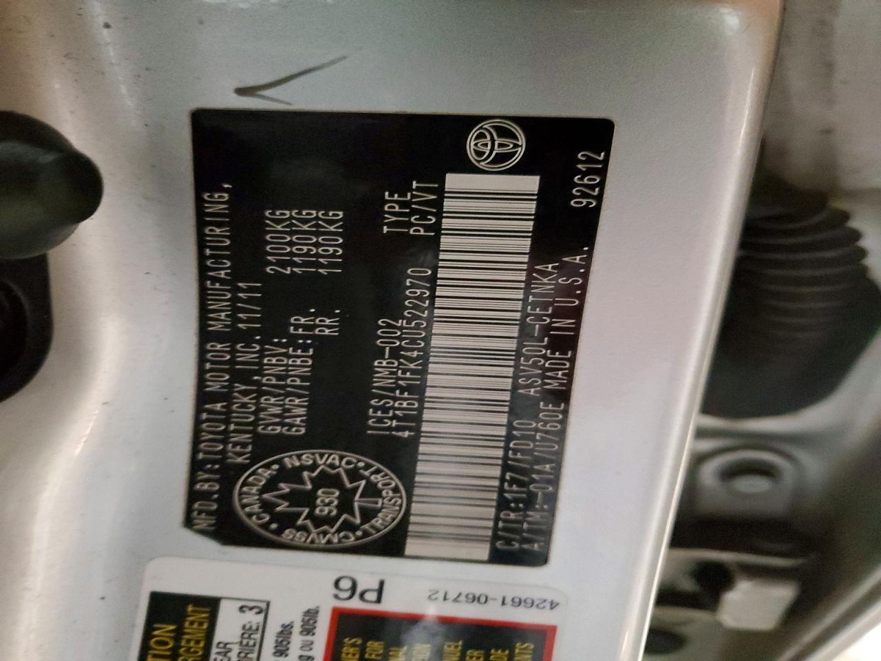 2012 TOYOTA CAMRY L photo 12