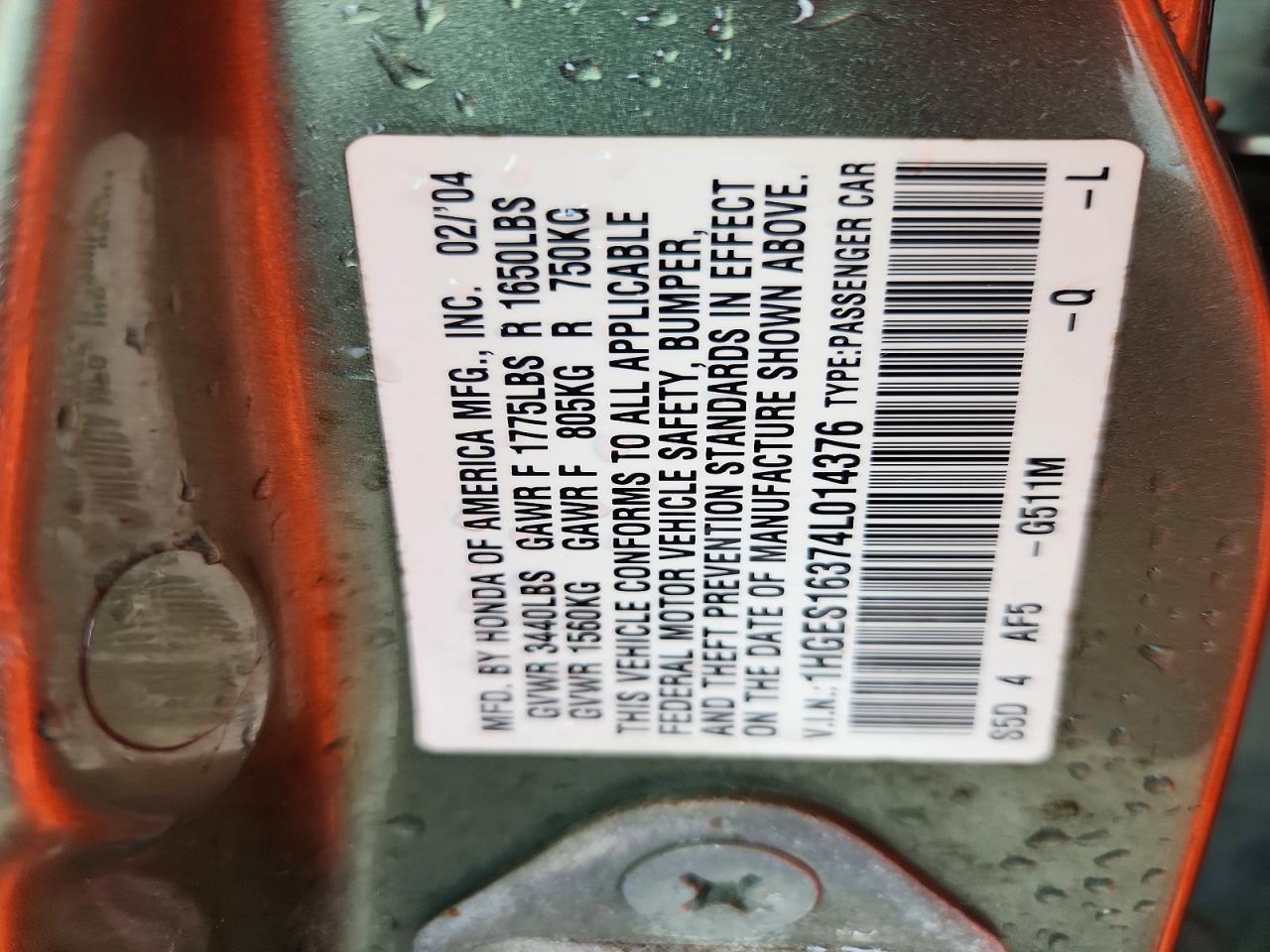 2004 HONDA CIVIC DX VP photo 12