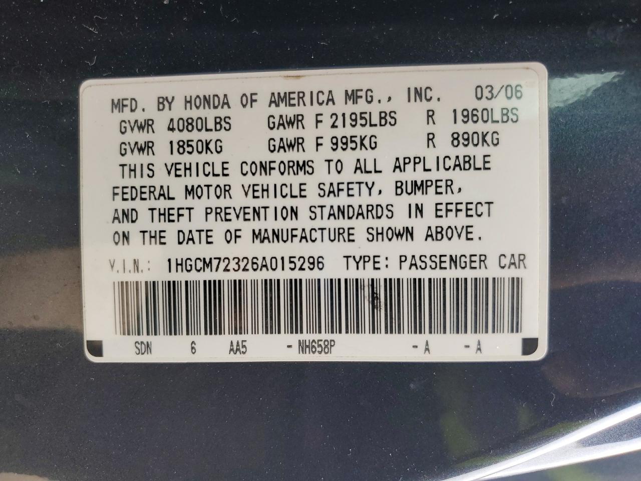 2006 HONDA ACCORD LX photo 12
