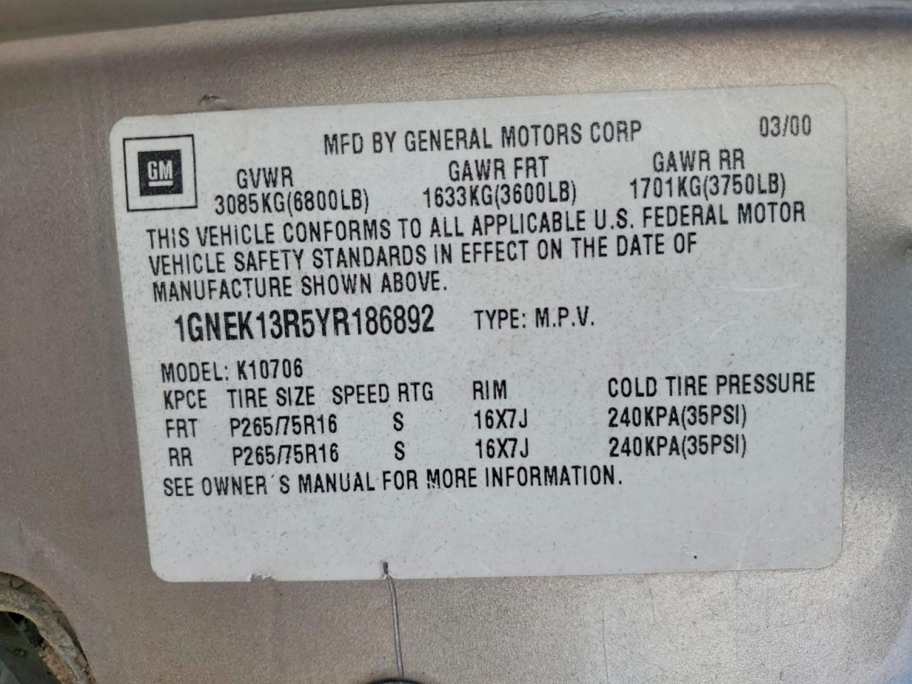 2000 CHEVROLET TAHOE K1500 photo 37