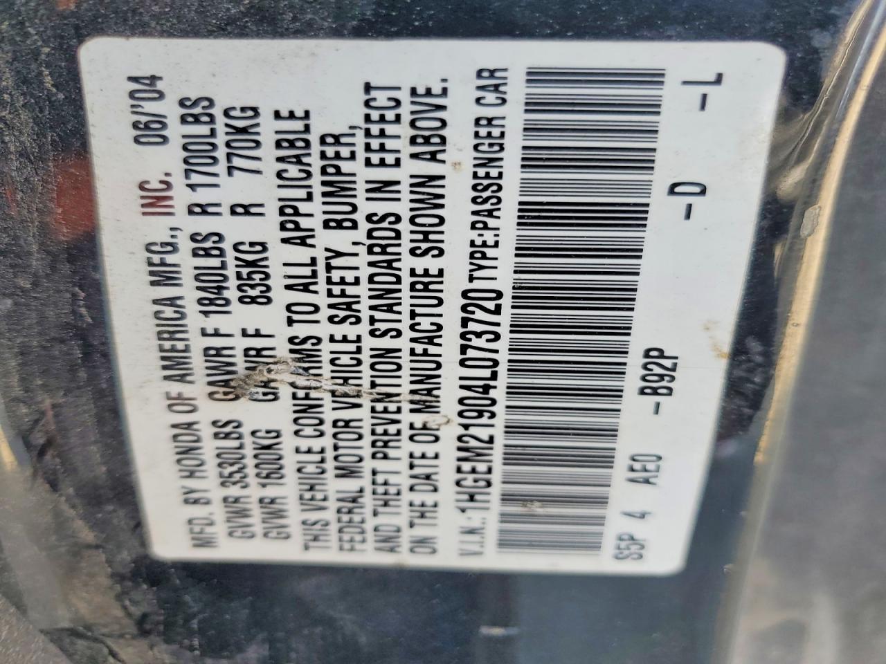 2004 HONDA CIVIC EX photo 12