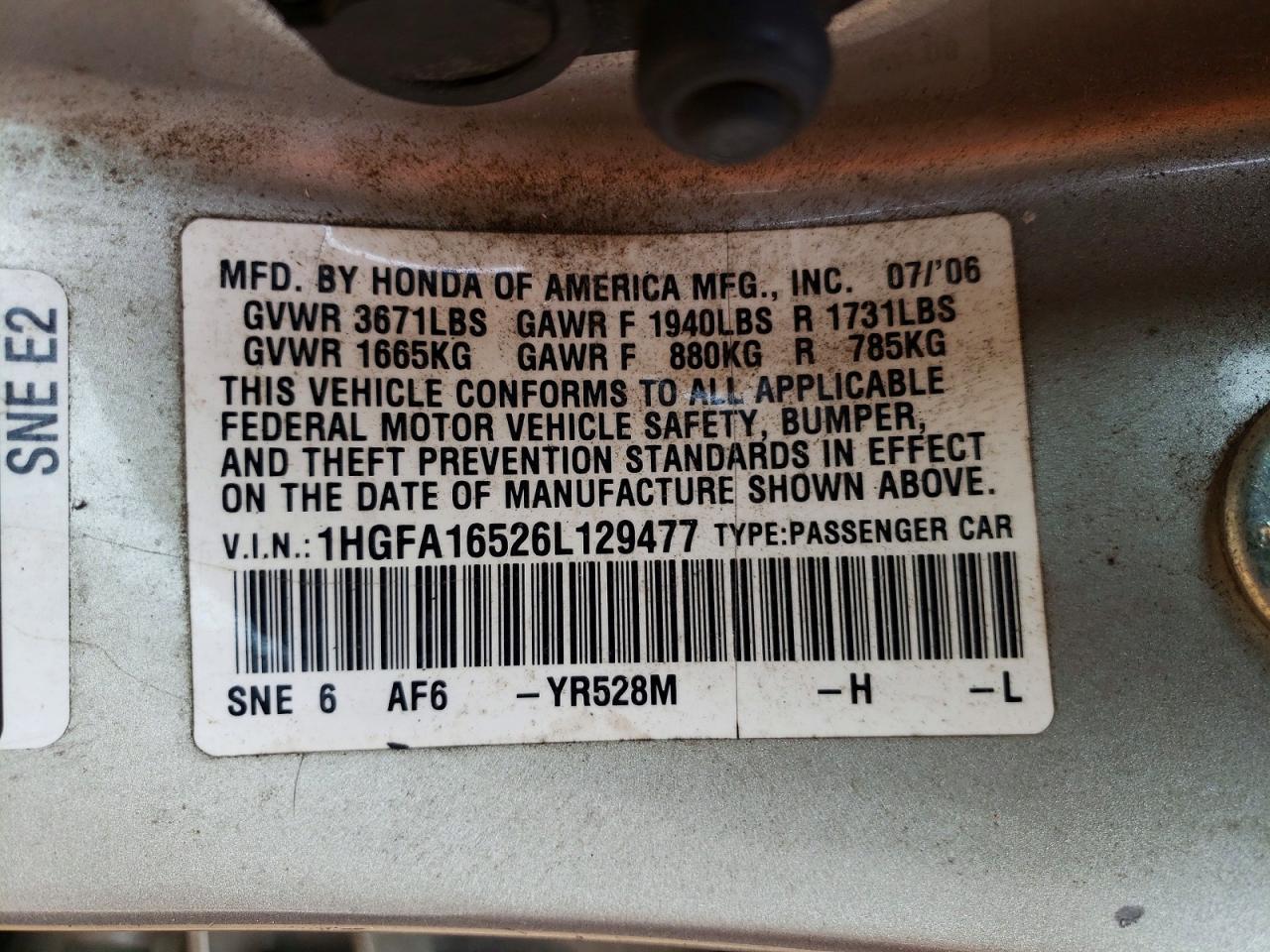 2006 HONDA CIVIC LX photo 12