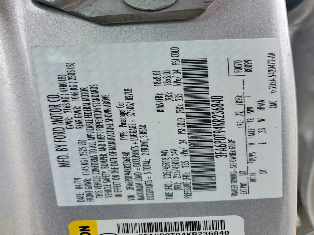 2019 FORD FUSION SE photo 12