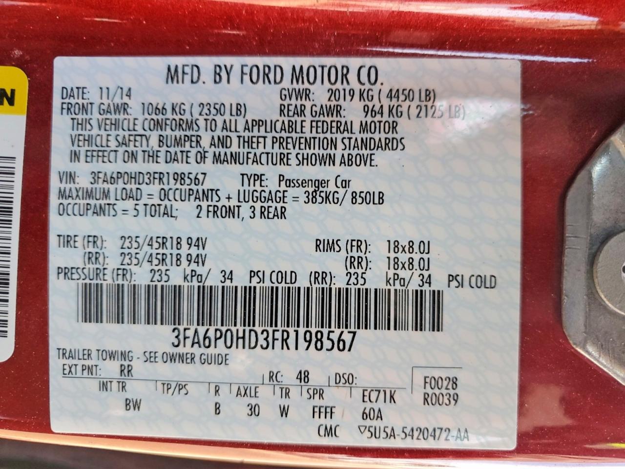 2015 FORD FUSION SE photo 12