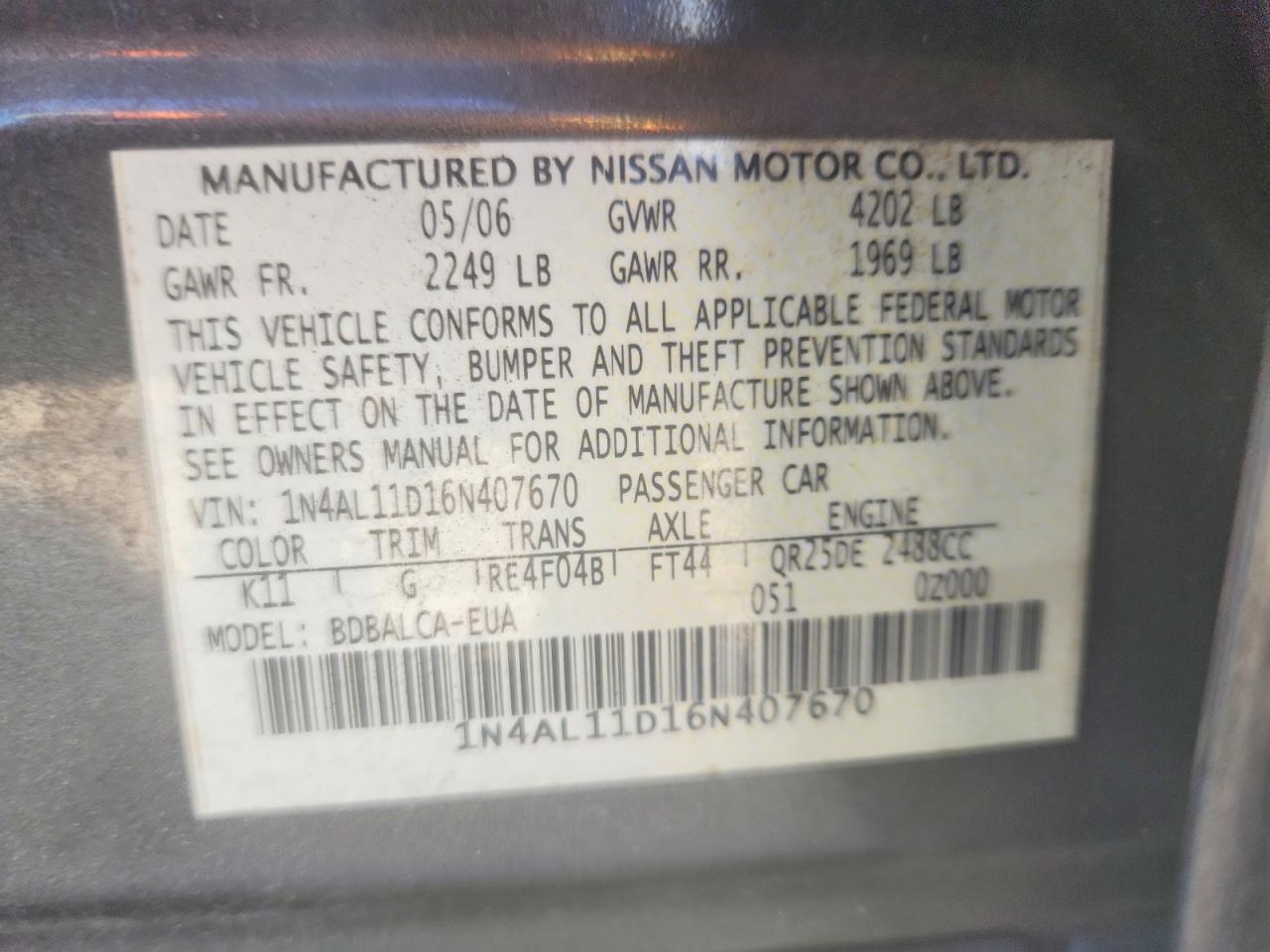 2006 NISSAN ALTIMA 2.5 photo 23
