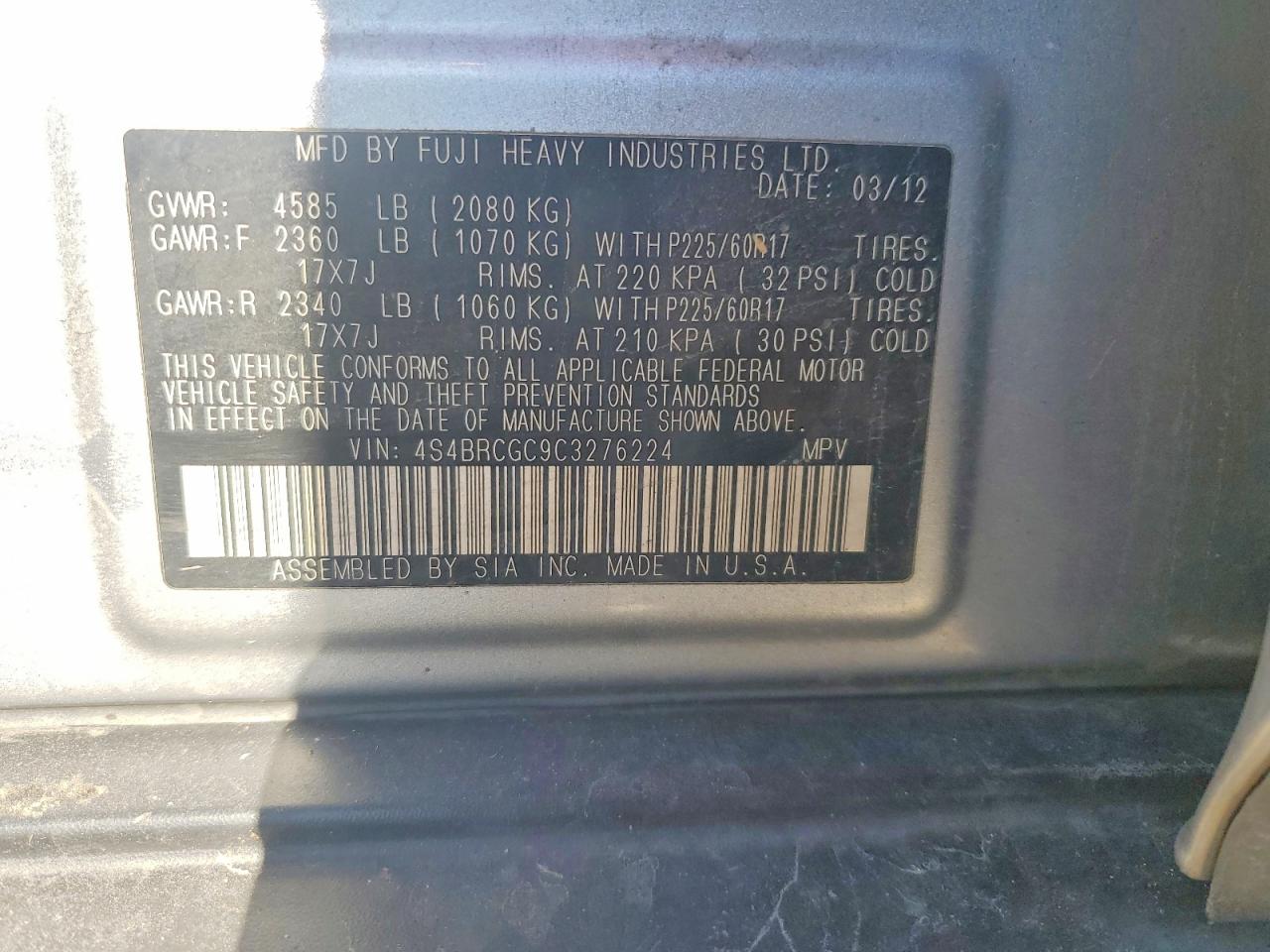 2012 SUBARU OUTBACK 2.5I PREMIUM photo 13