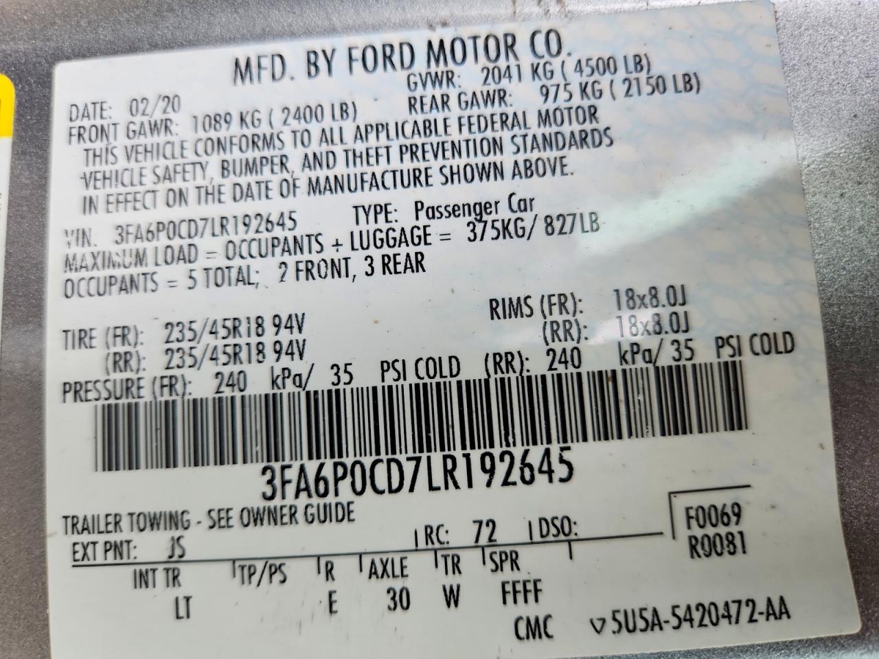 2020 FORD FUSION SEL photo 34