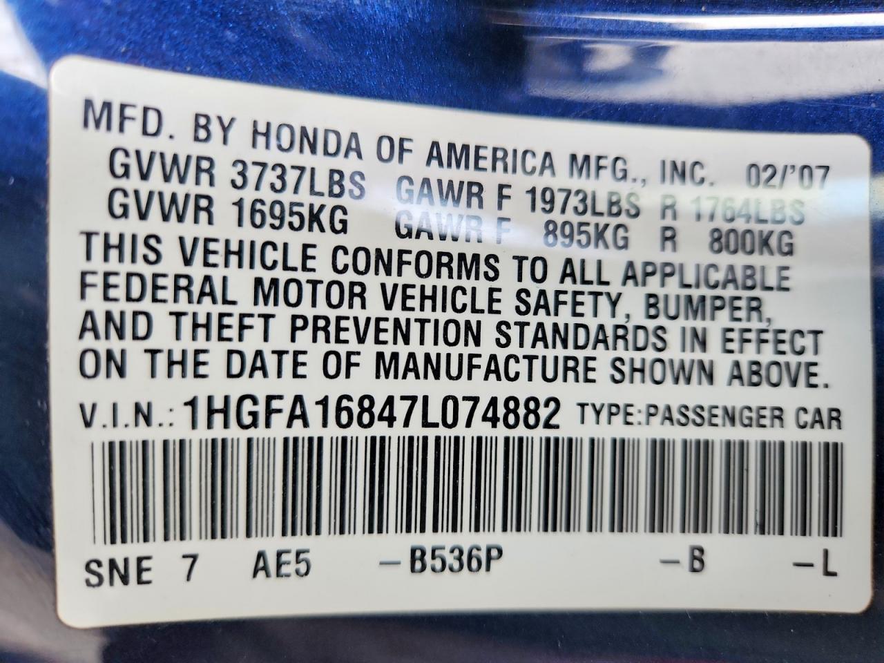 2007 HONDA CIVIC EX photo 11