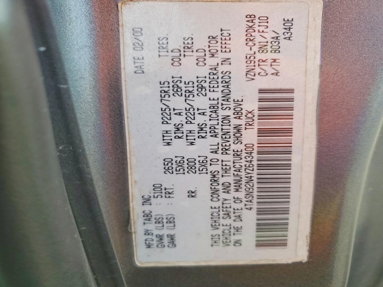 2000 TOYOTA TACOMA PRERUNNER V6 photo 37