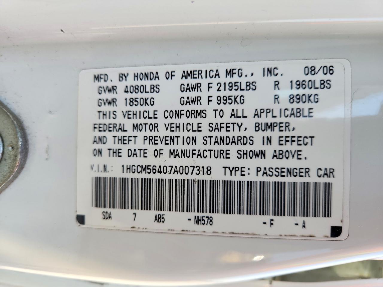 2007 HONDA ACCORD LX photo 37