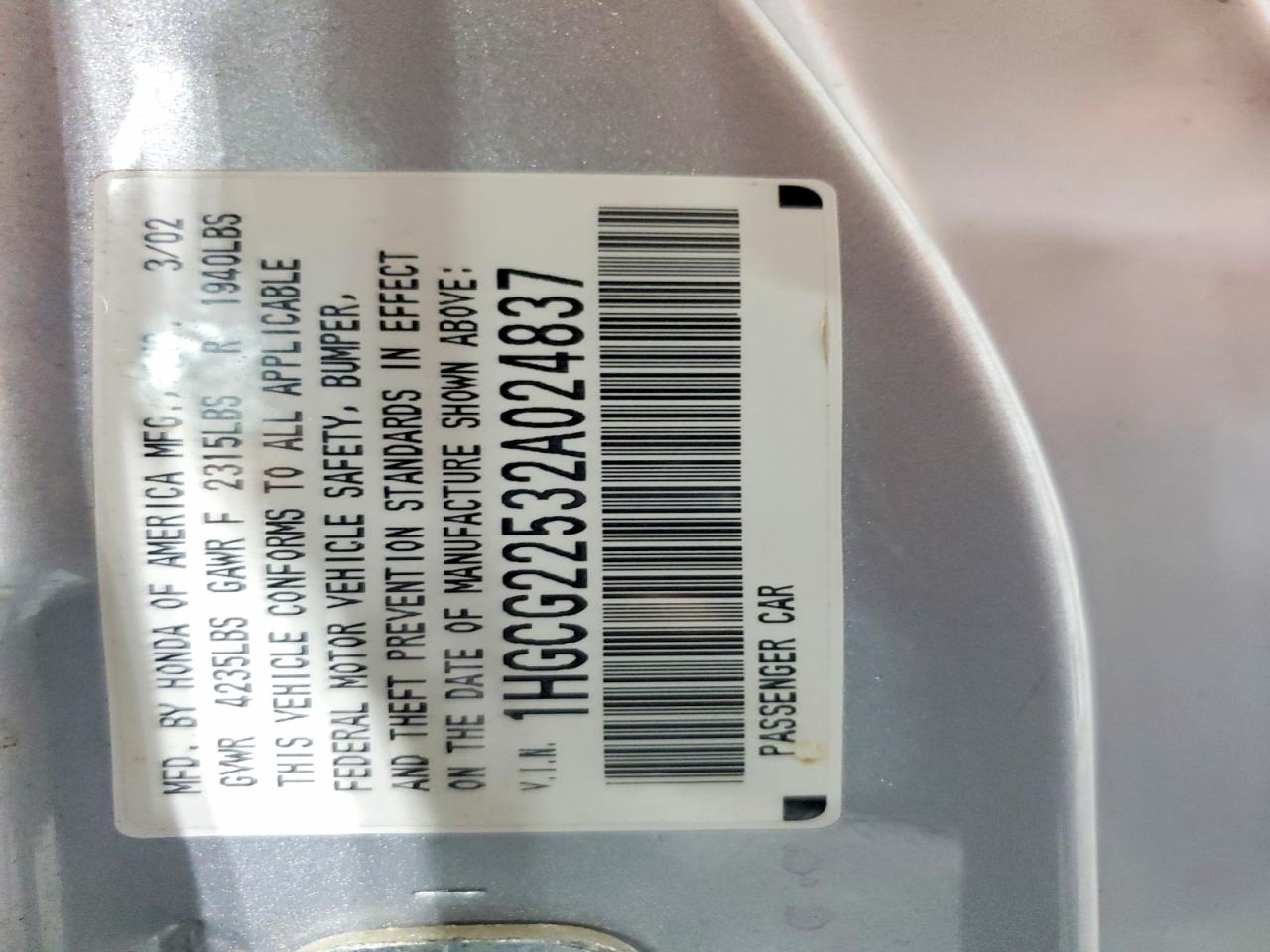 2002 HONDA ACCORD EX photo 12