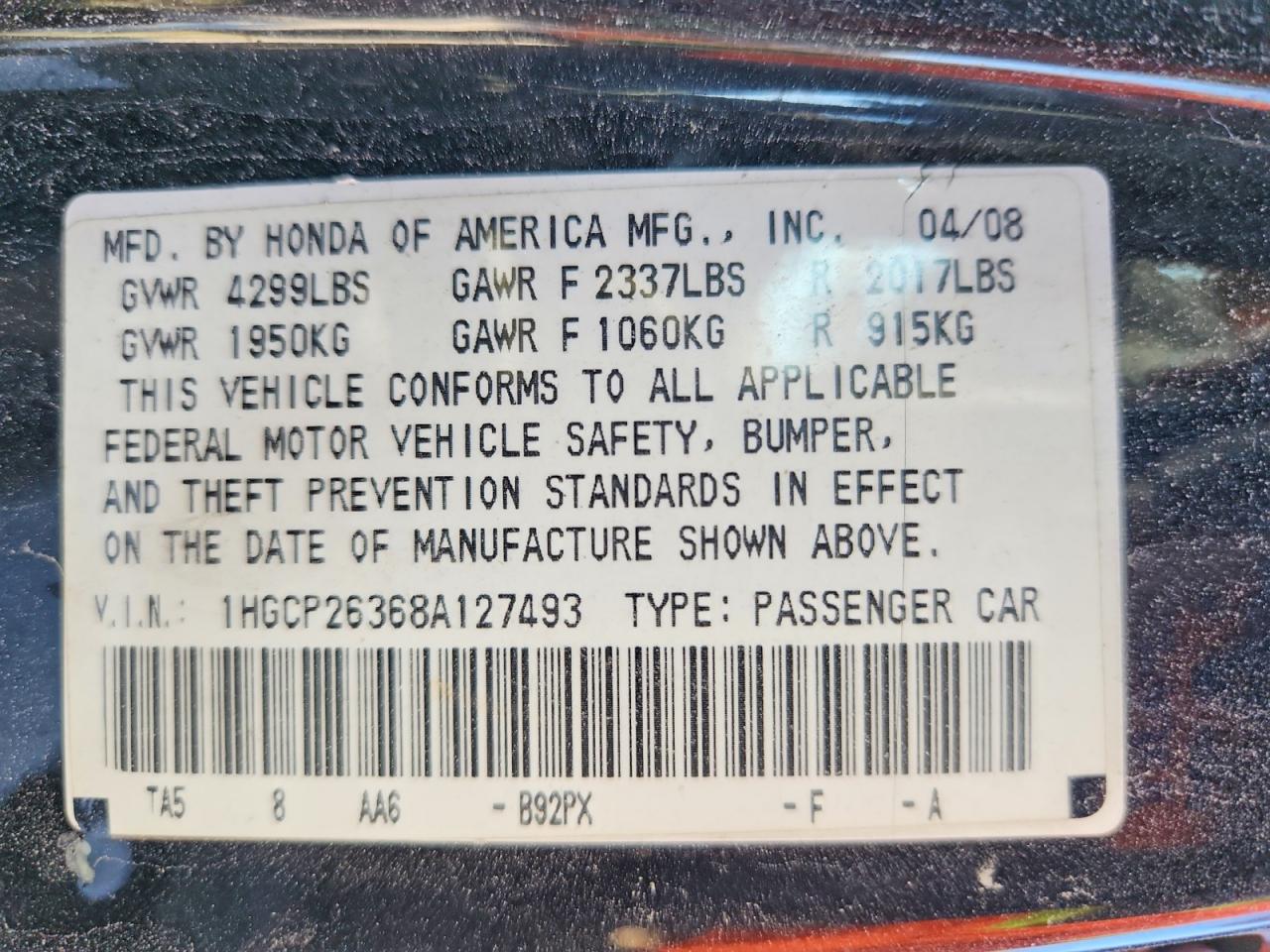 2008 HONDA ACCORD LX photo 12