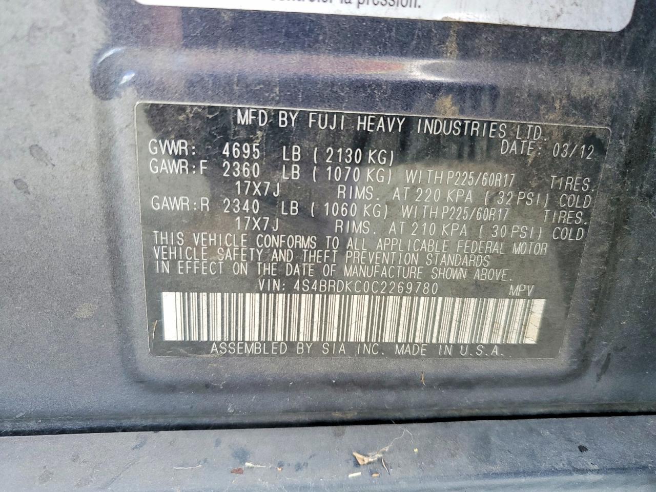 2012 SUBARU OUTBACK 3.6R LIMITED photo 13