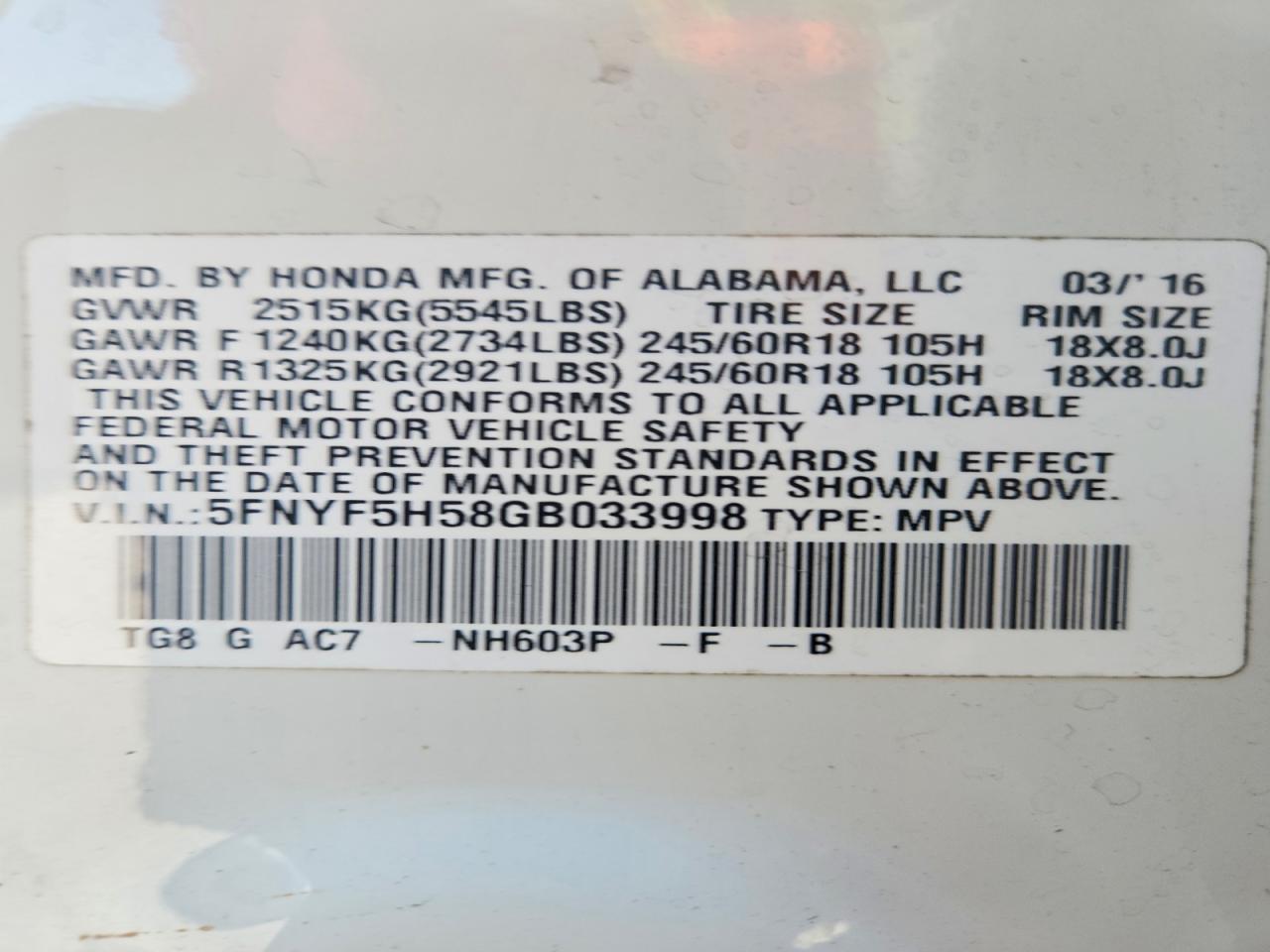2016 HONDA PILOT EXL photo 37