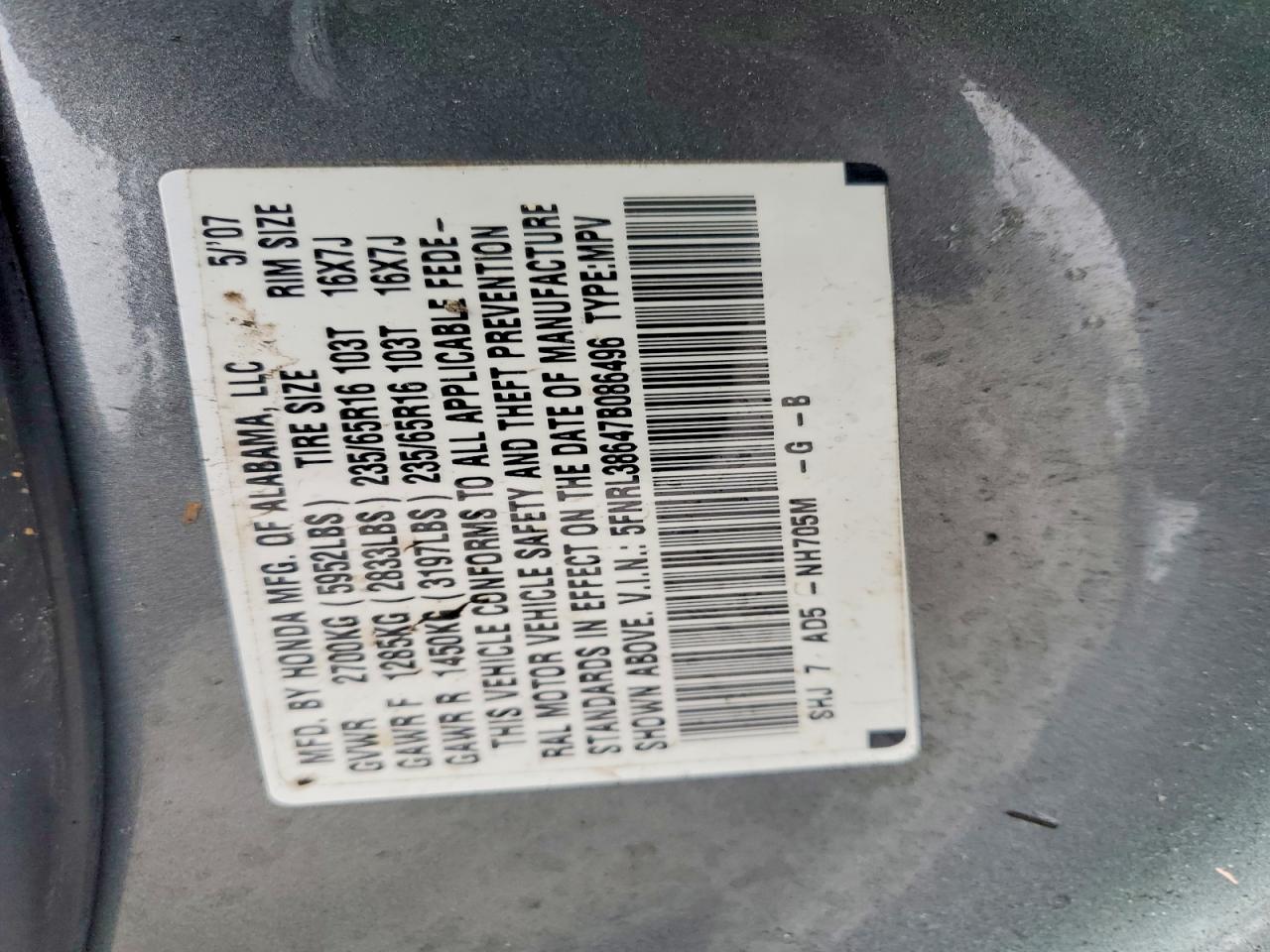 2007 HONDA ODYSSEY EXL photo 14