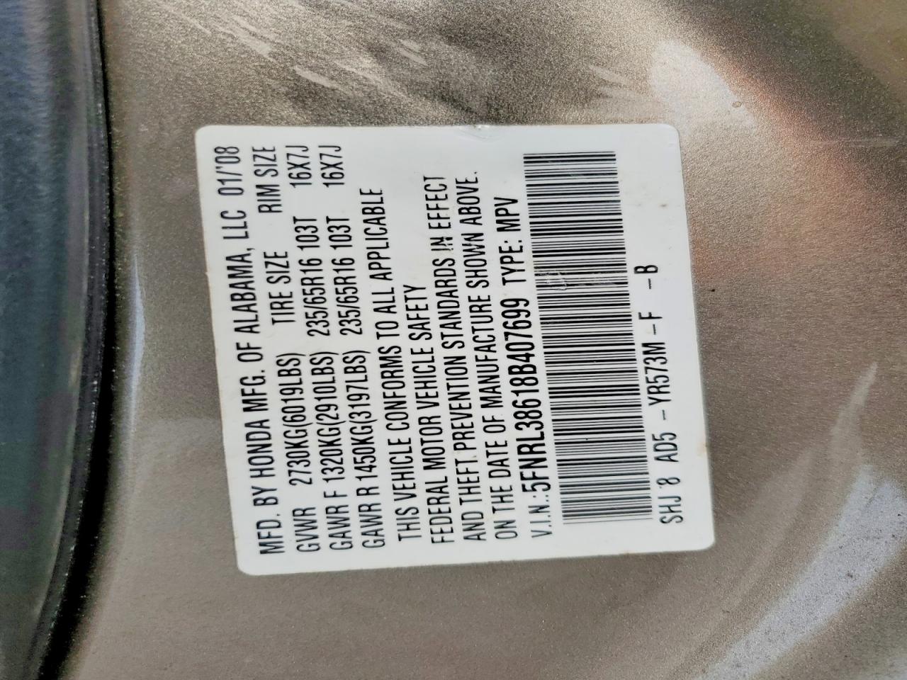 2008 HONDA ODYSSEY EXL photo 14