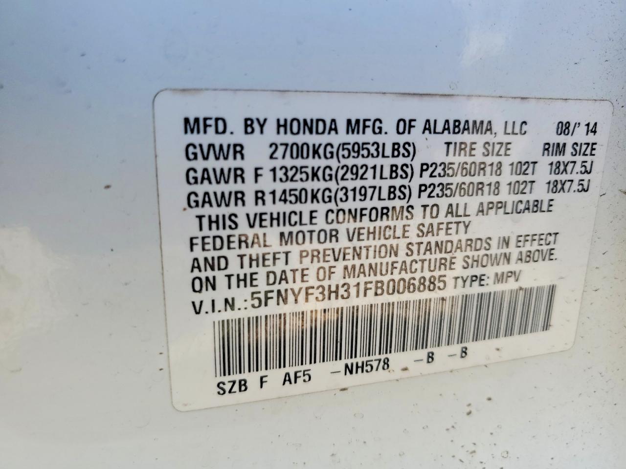 2015 HONDA PILOT SE photo 25