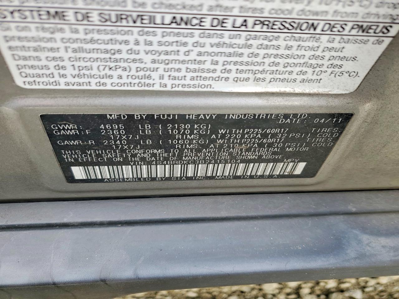 2011 SUBARU OUTBACK 3.6R LIMITED photo 12