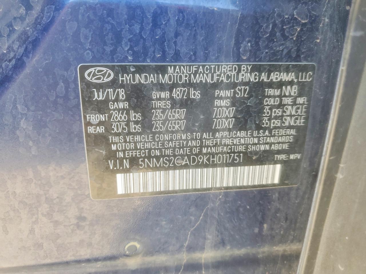2019 HYUNDAI SANTA FE SE 2.4L photo 12