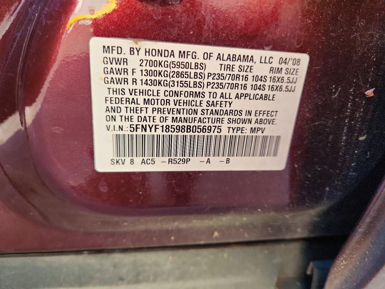 2008 HONDA PILOT EXL photo 25