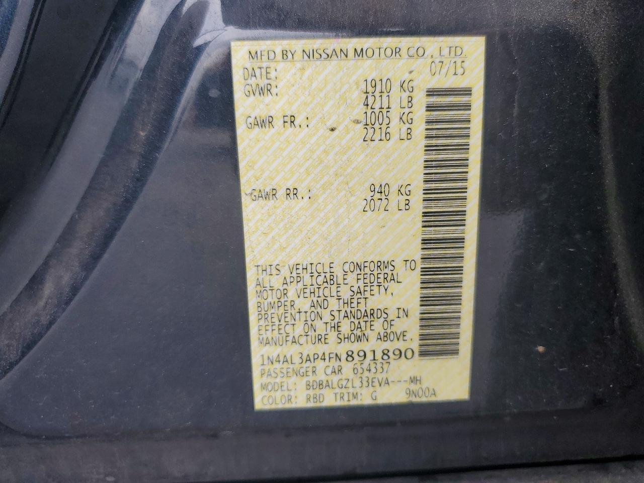 2015 NISSAN ALTIMA 2.5 S photo 12