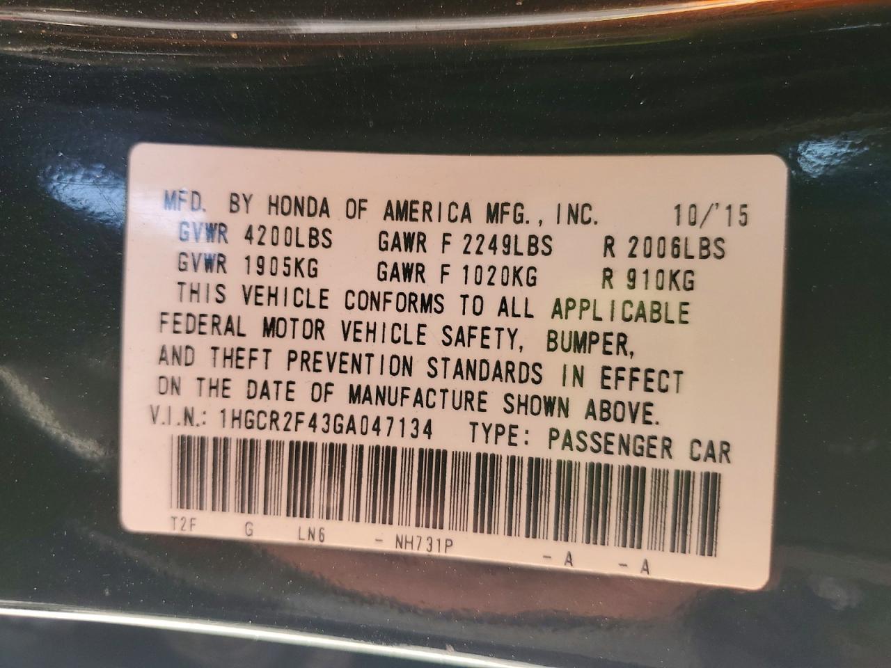 2016 HONDA ACCORD LX photo 12