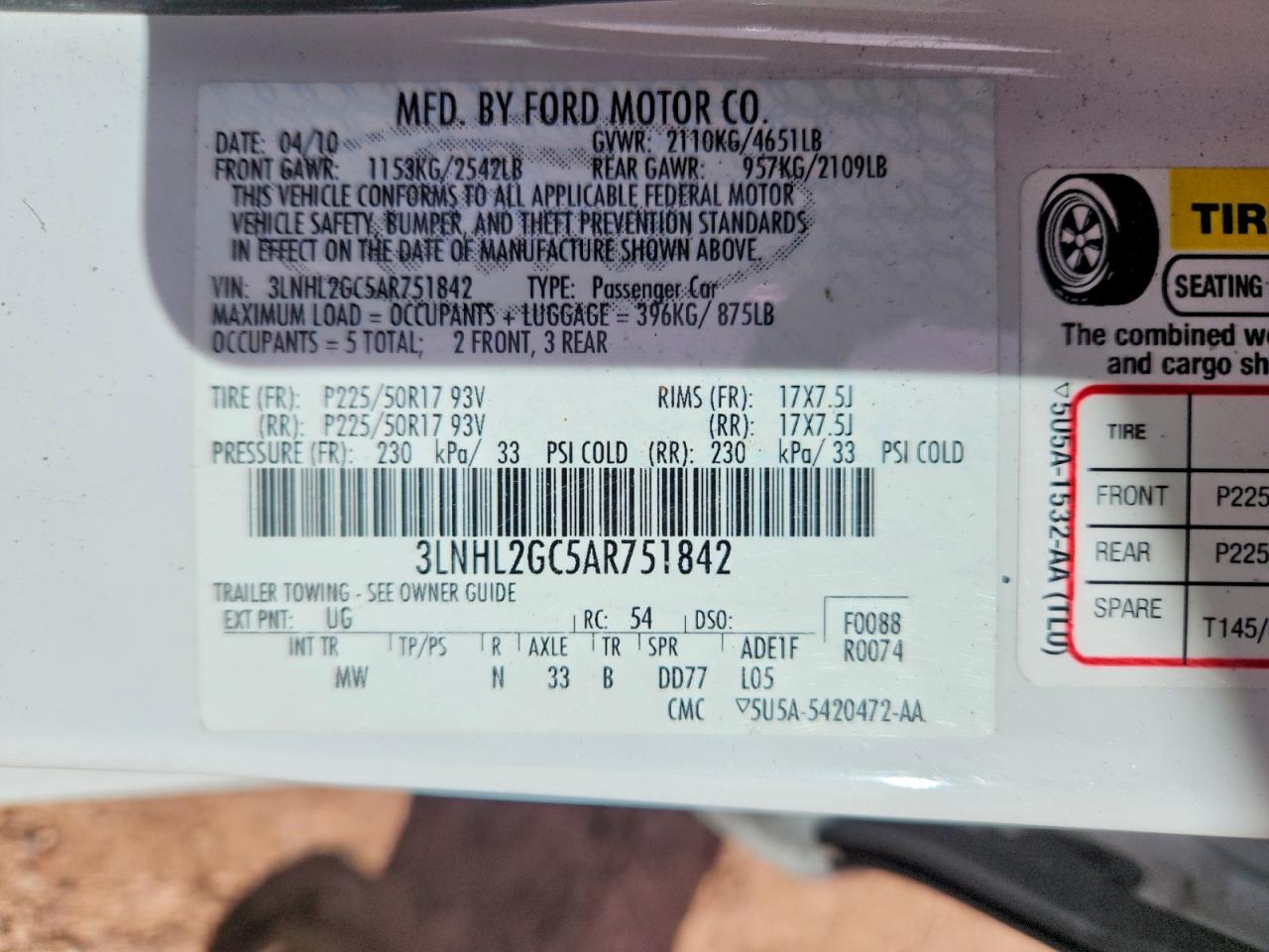 2010 LINCOLN MKZ photo 12
