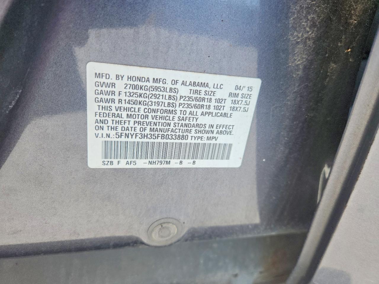 2015 HONDA PILOT SE photo 23